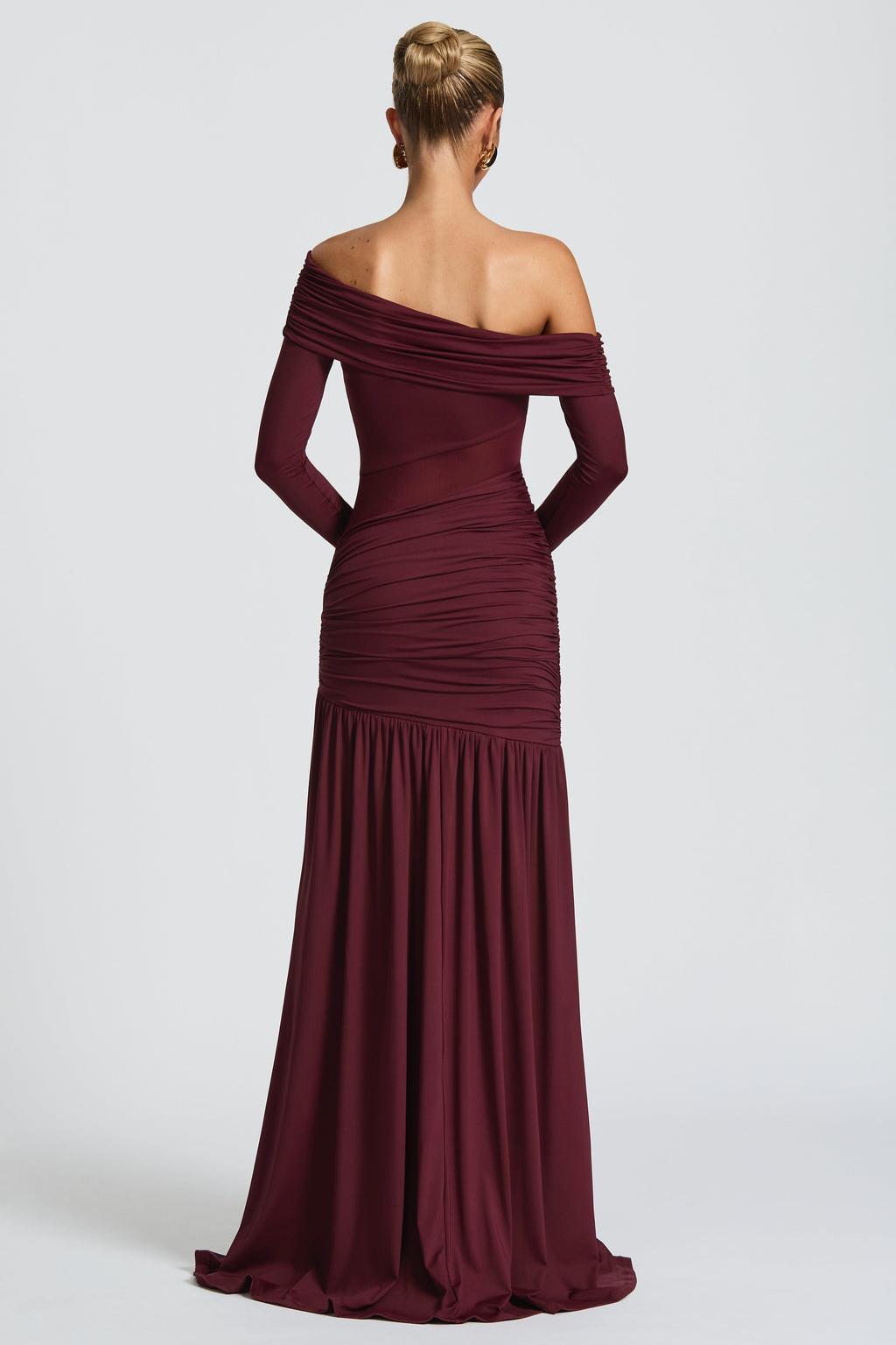 Long Sleeve Strapless See-Through Slit Maxi Dress