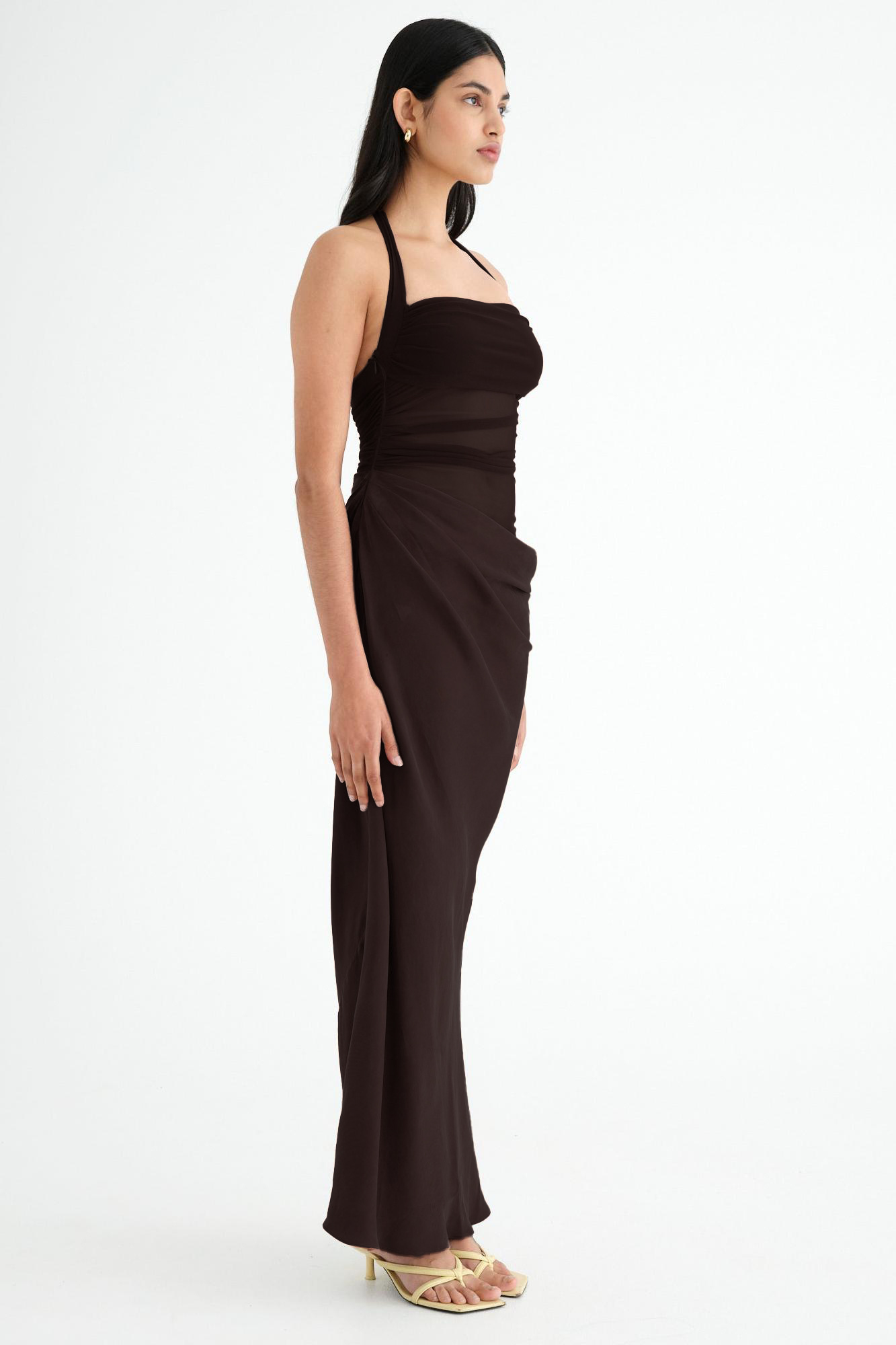 Mesh Splicing Satin Halter Neck Maxi Dress