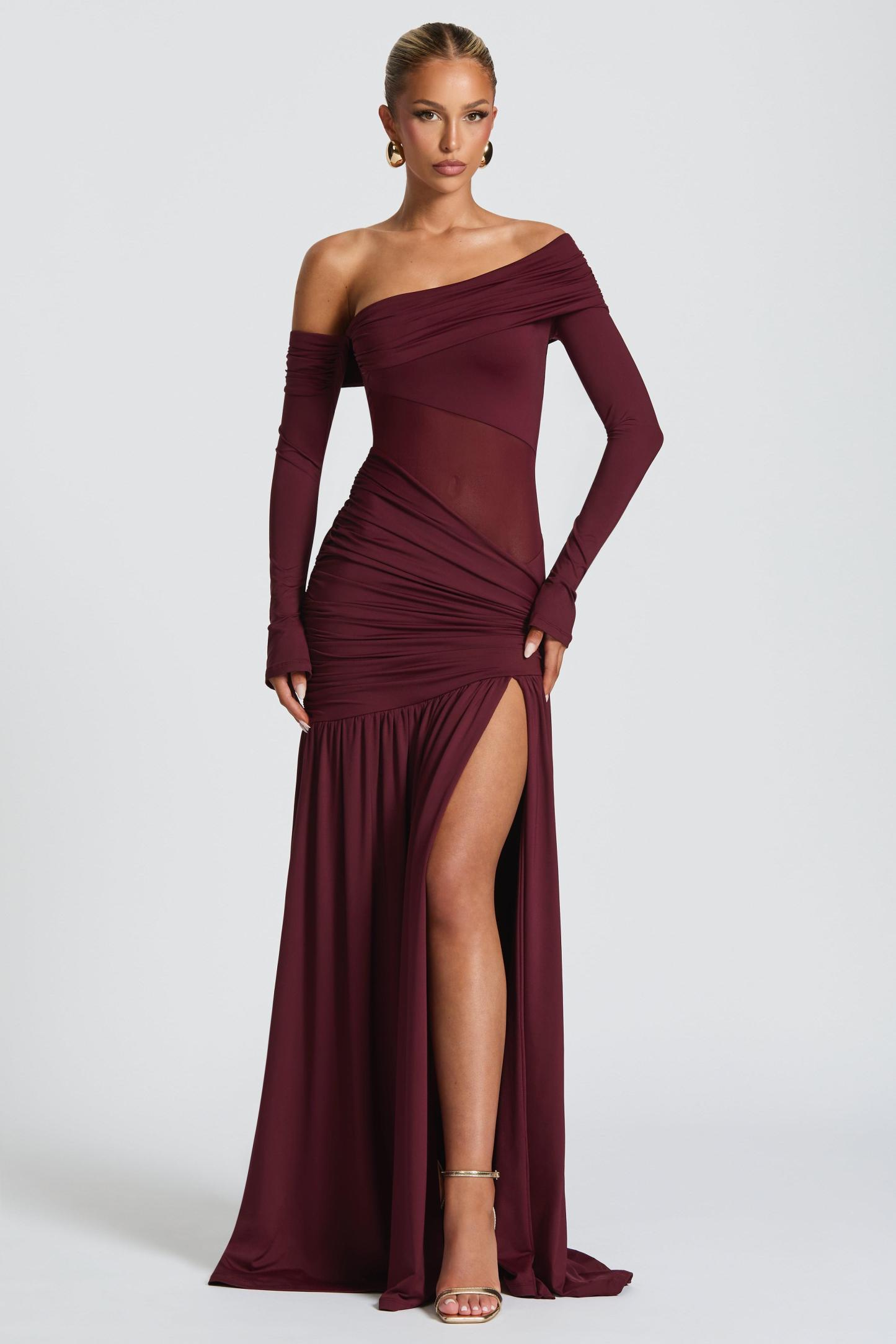 Long Sleeve Strapless See-Through Slit Maxi Dress