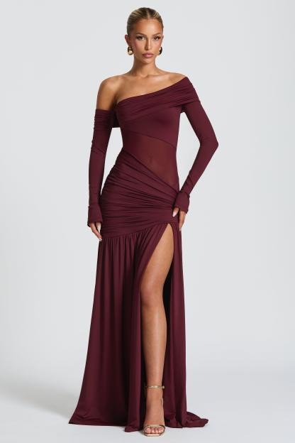 Long Sleeve Strapless See-Through Slit Maxi Dress