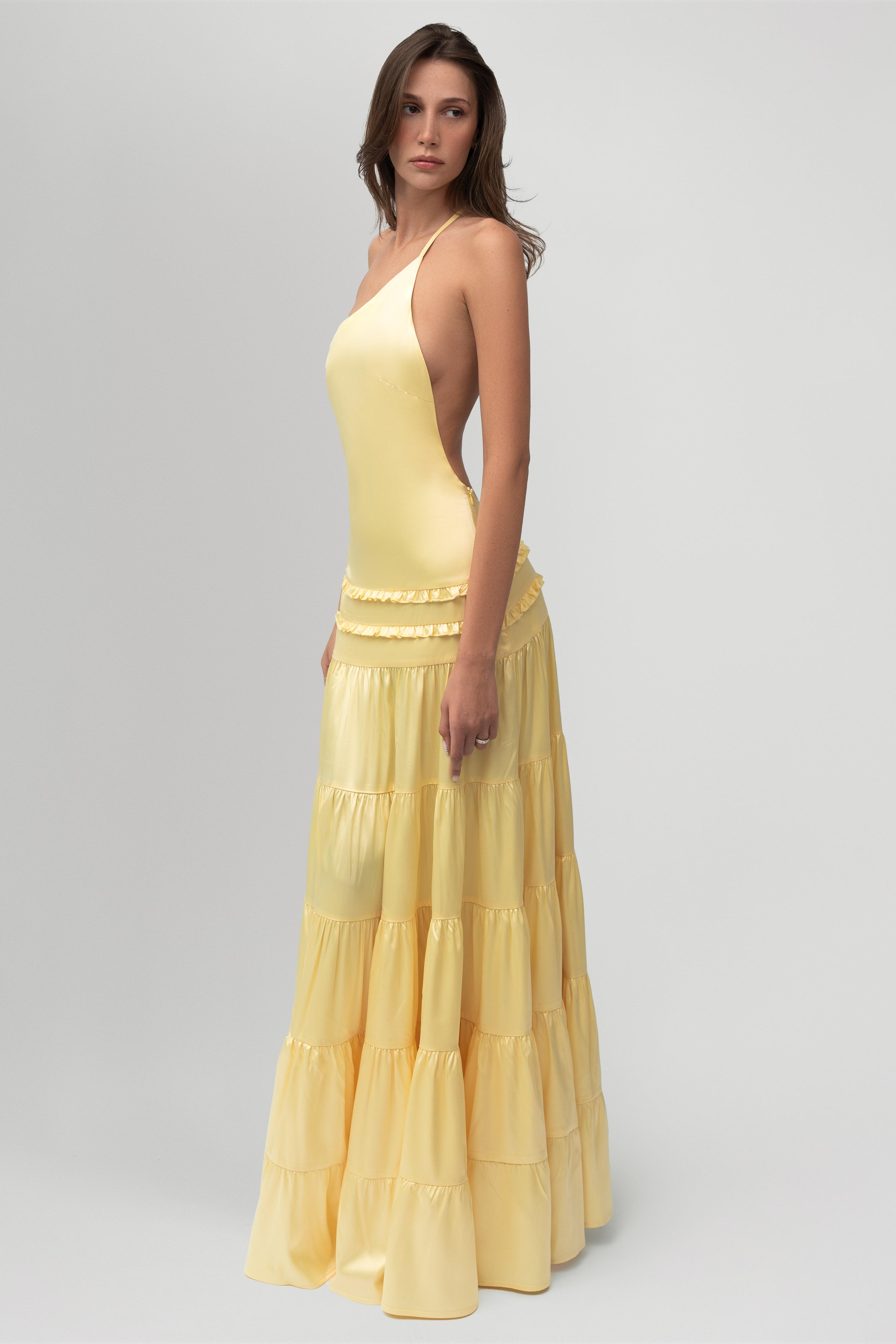 Solid One-Shoulder Frill Maxi Dress