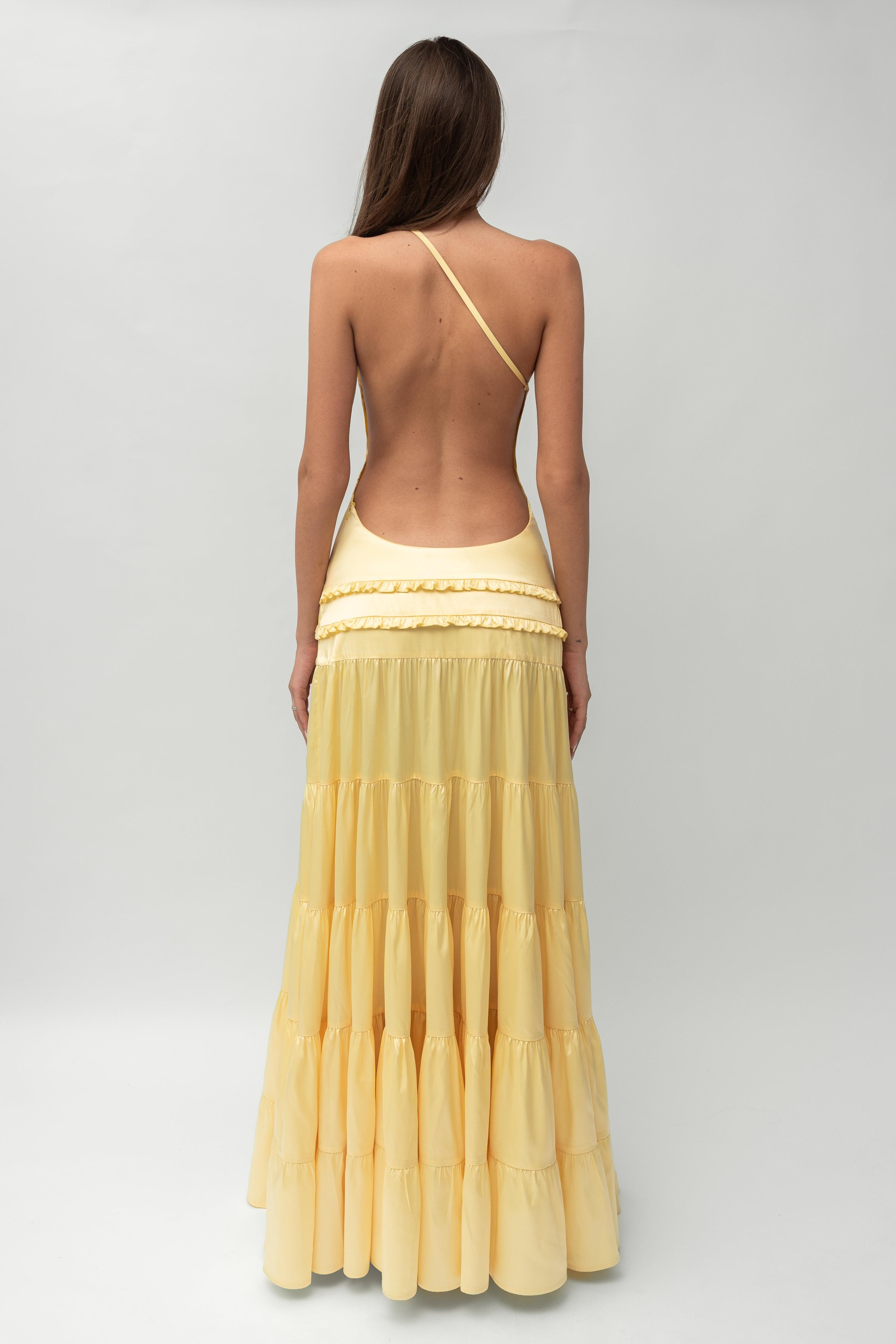 Solid One-Shoulder Frill Maxi Dress