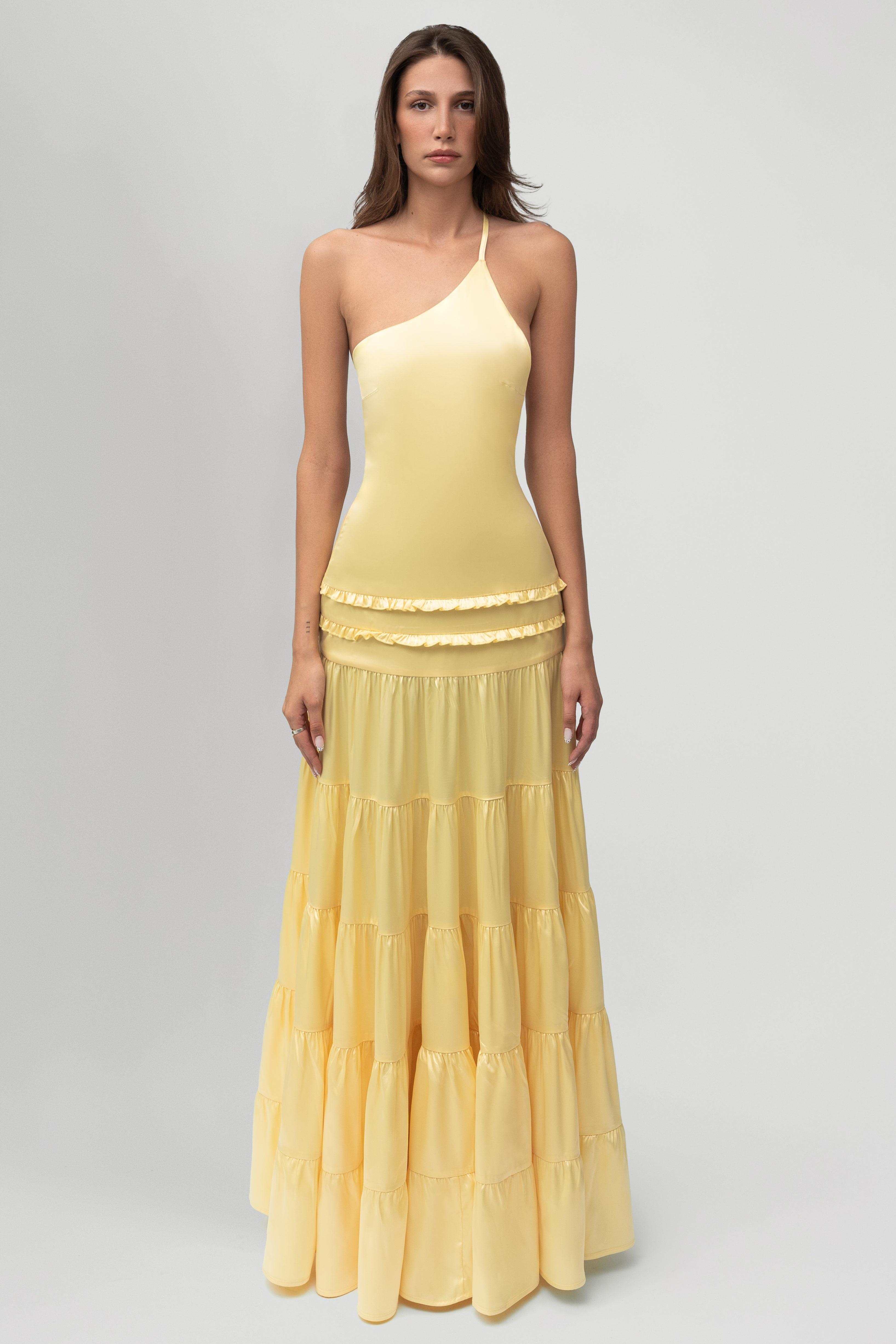 Solid One-Shoulder Frill Maxi Dress