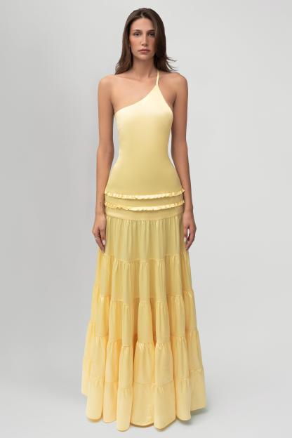 Solid One-Shoulder Frill Maxi Dress