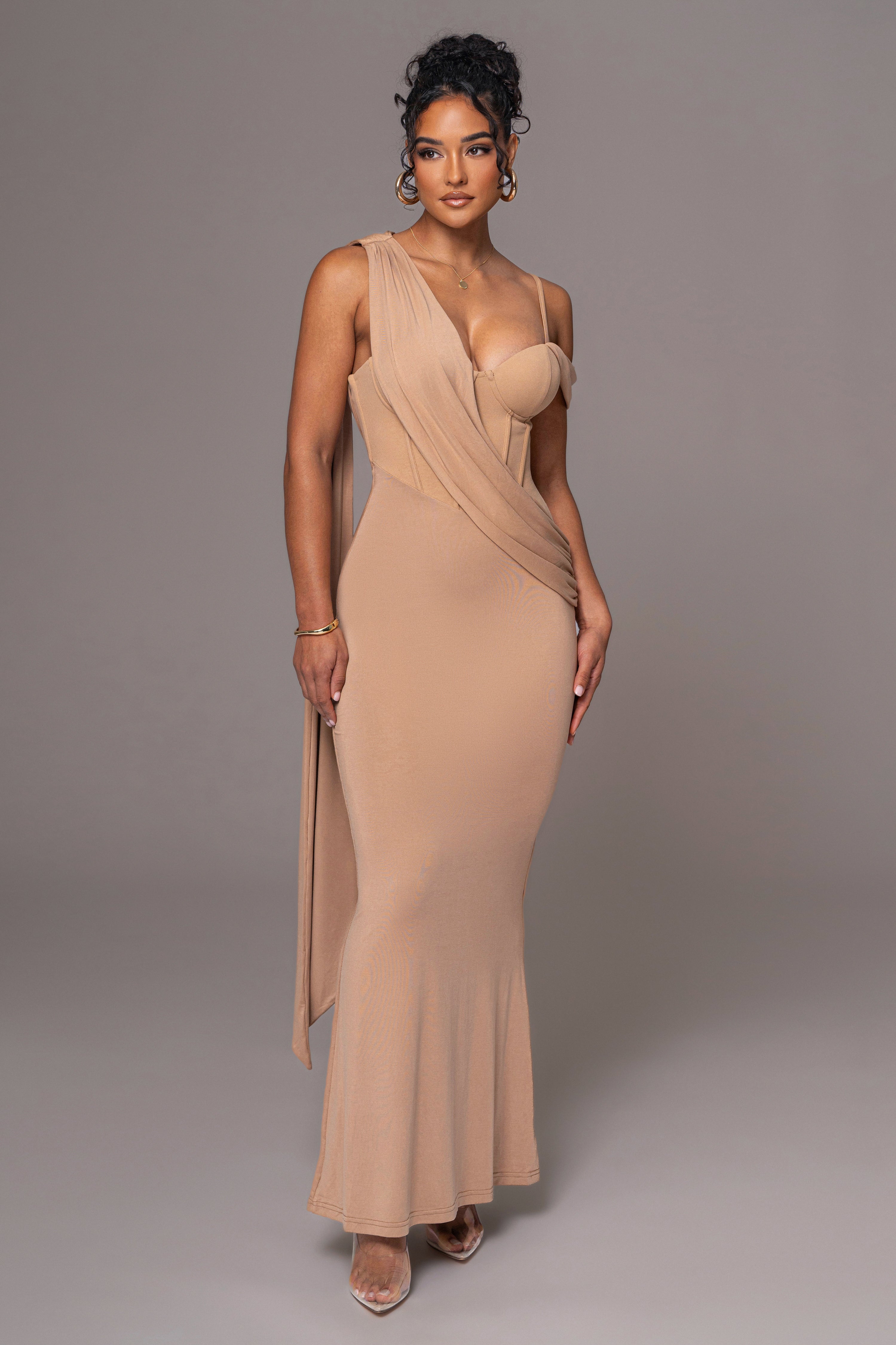 Solid Asymmetrical Neck Gathering Maxi Dress