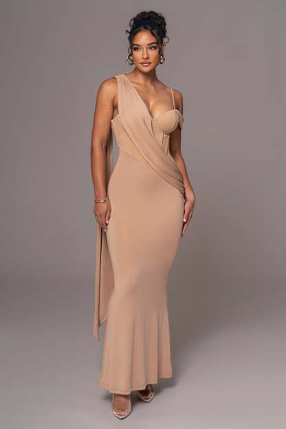 Solid Asymmetrical Neck Gathering Maxi Dress
