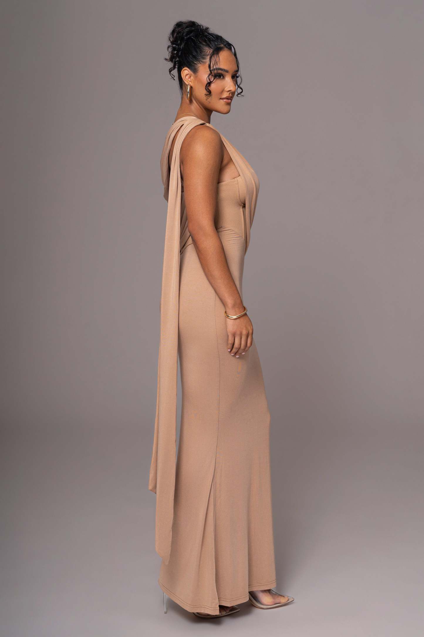 Solid Asymmetrical Neck Gathering Maxi Dress