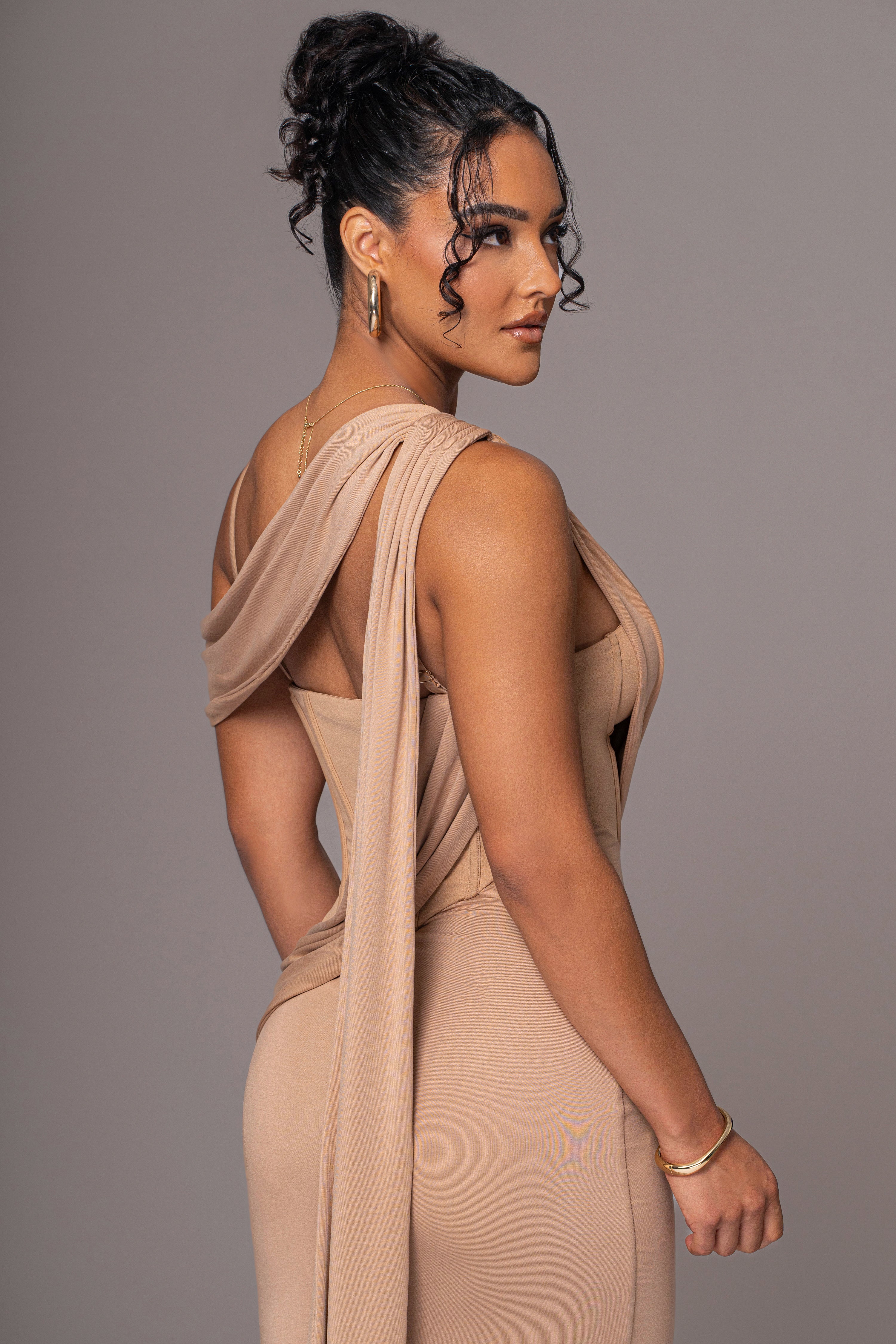 Solid Asymmetrical Neck Gathering Maxi Dress