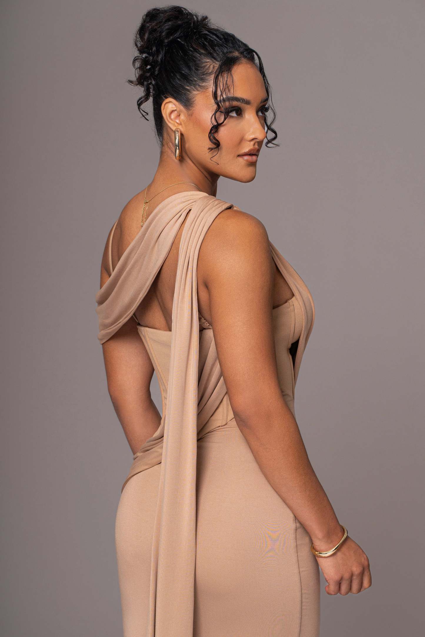 Solid Asymmetrical Neck Gathering Maxi Dress