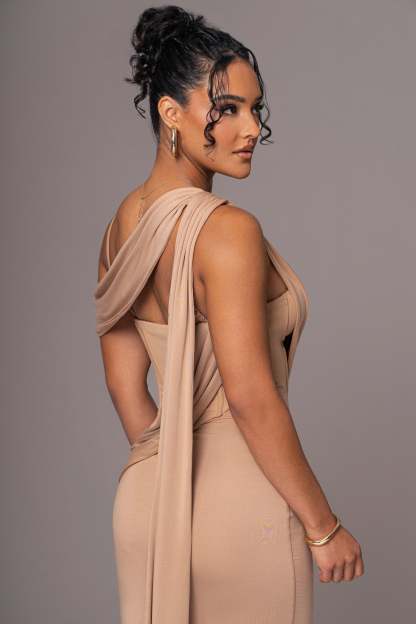 Solid Asymmetrical Neck Gathering Maxi Dress