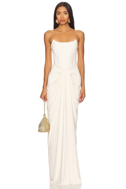 Satin Off-Shoulder Corset Maxi Dress