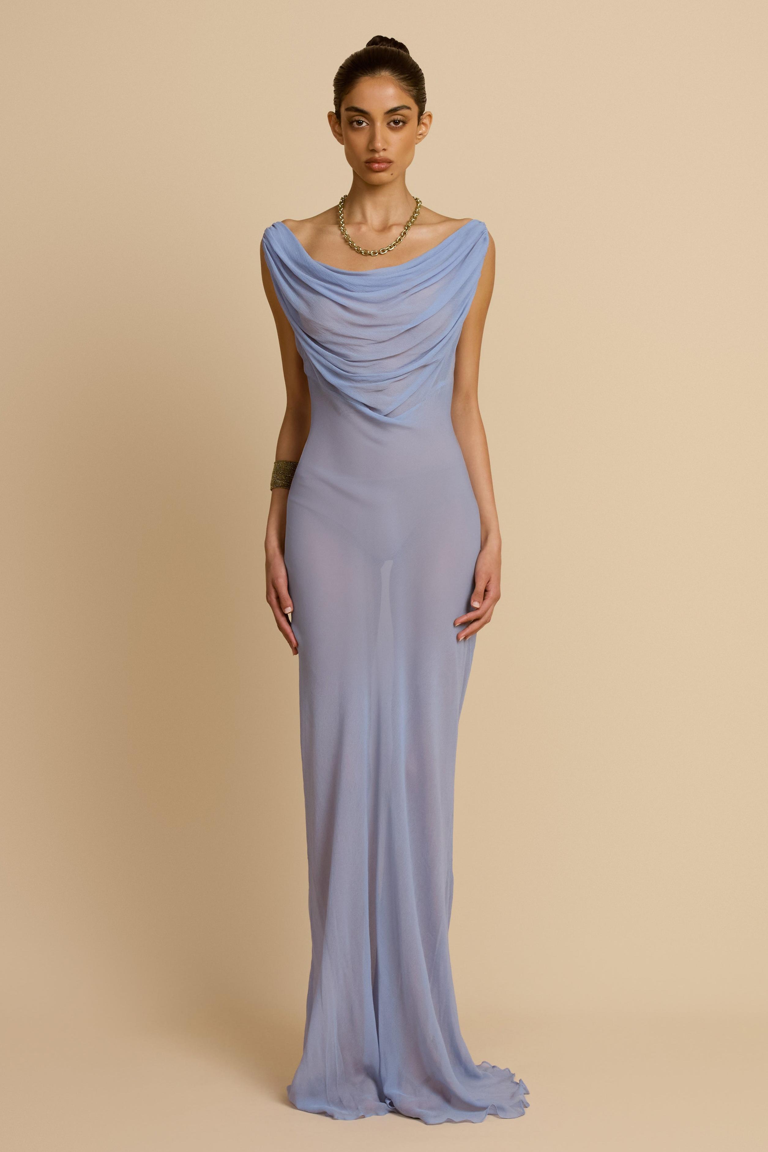 Mesh See-Through Swing Collar Maxi Dress