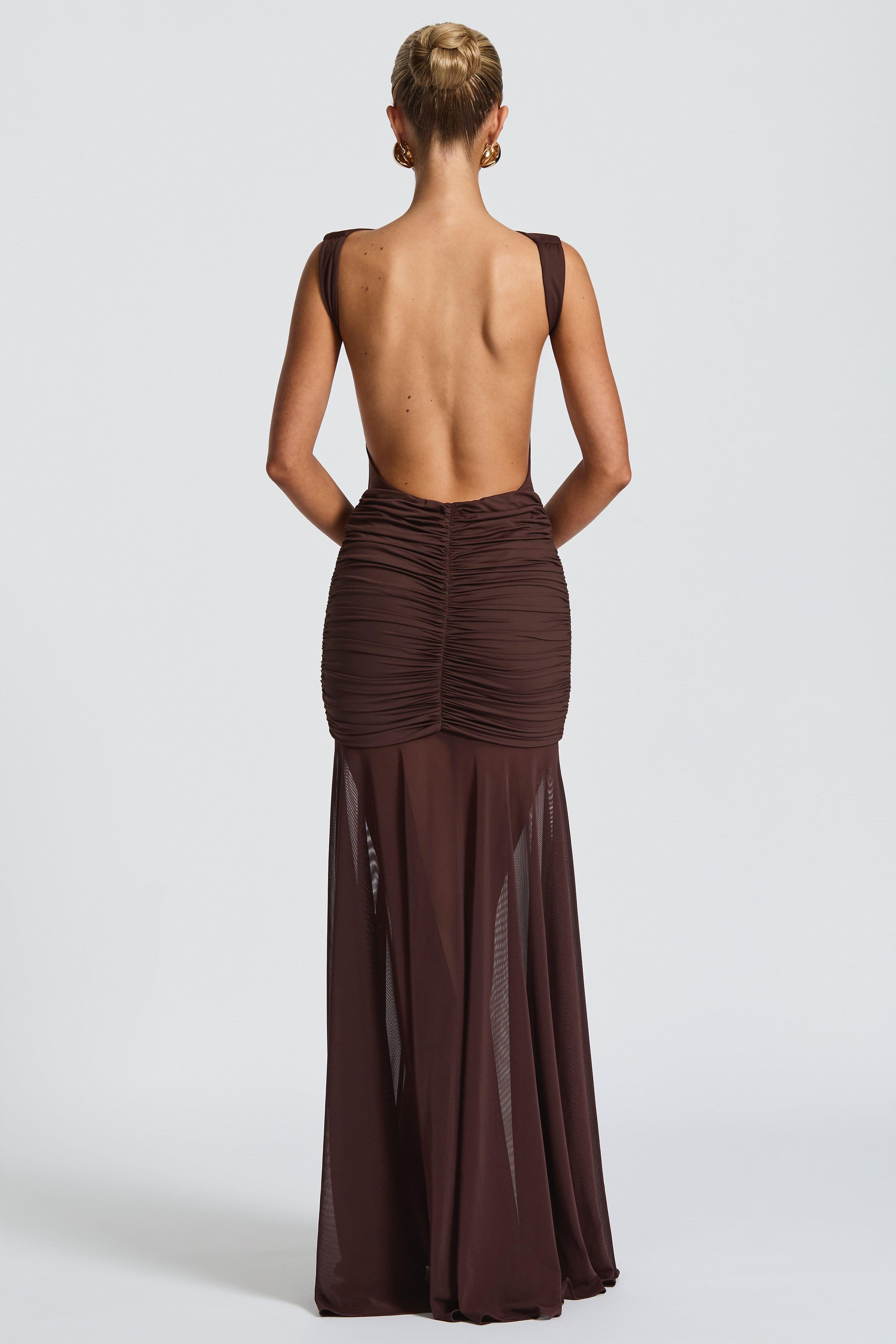 Mesh Gathering Backless Maxi Dress