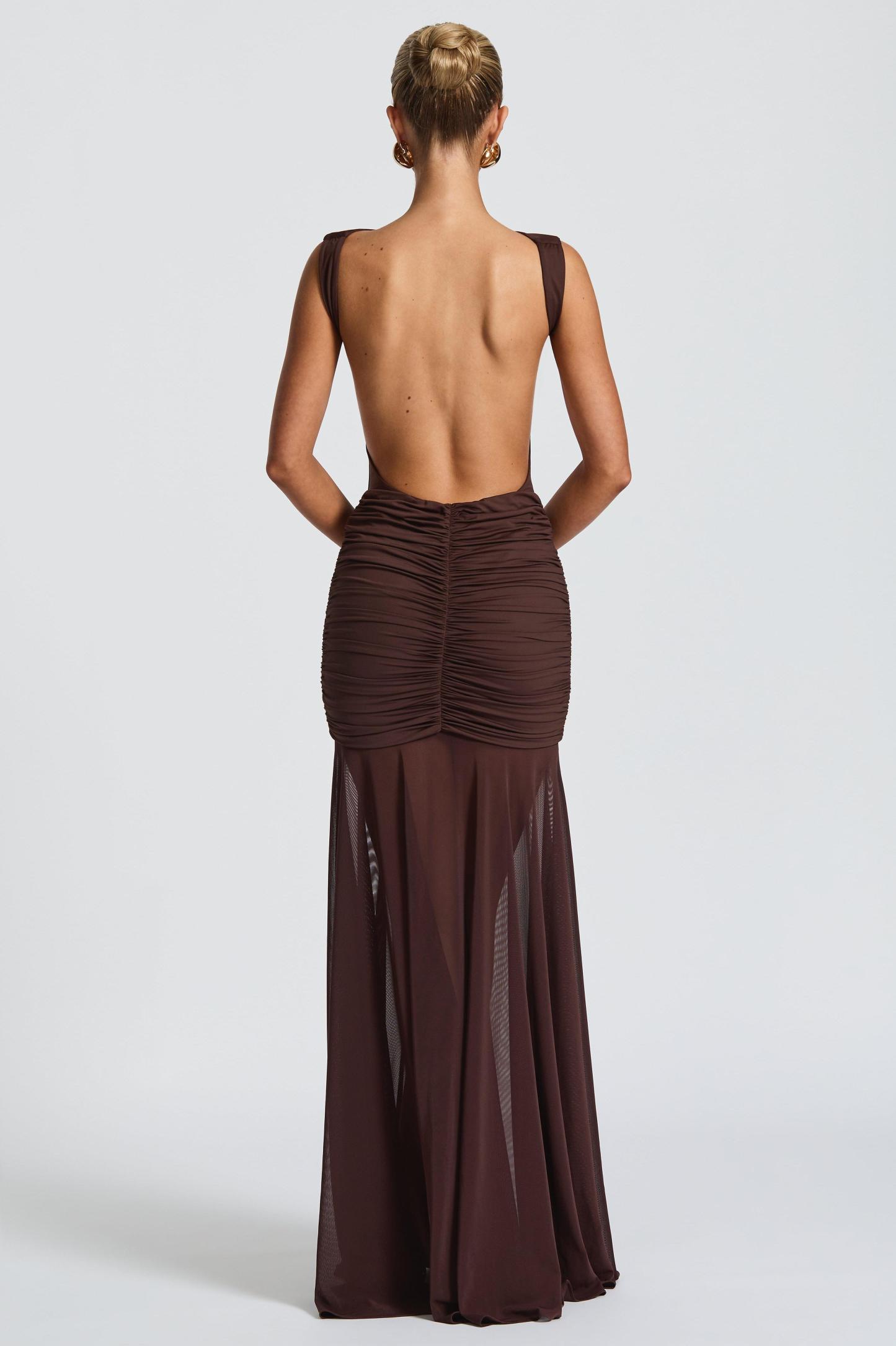 Mesh Gathering Backless Maxi Dress