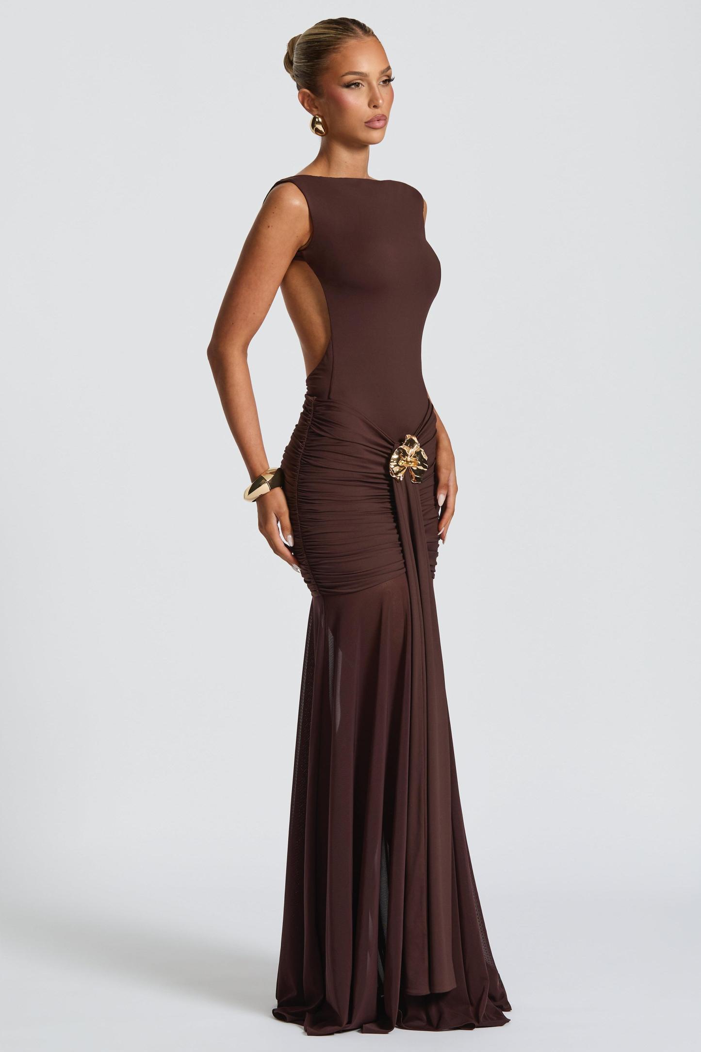 Mesh Gathering Backless Maxi Dress