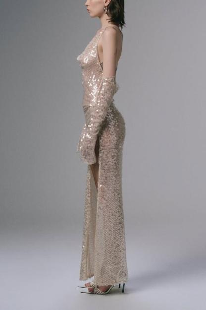 Sequin Rhinestone Chain Slit Maxi Dress