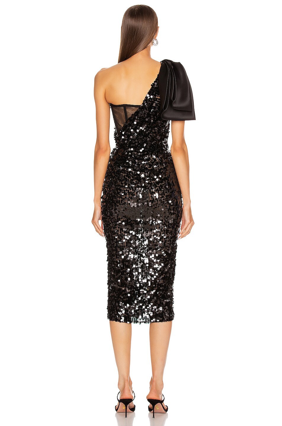 One-Shoulder Bow Sequin Midi Dress