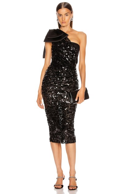 One-Shoulder Bow Sequin Midi Dress