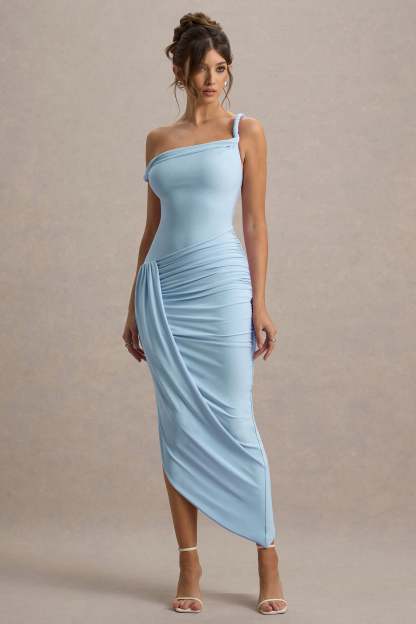 Solid Skew Collar Gathering Midi Dress