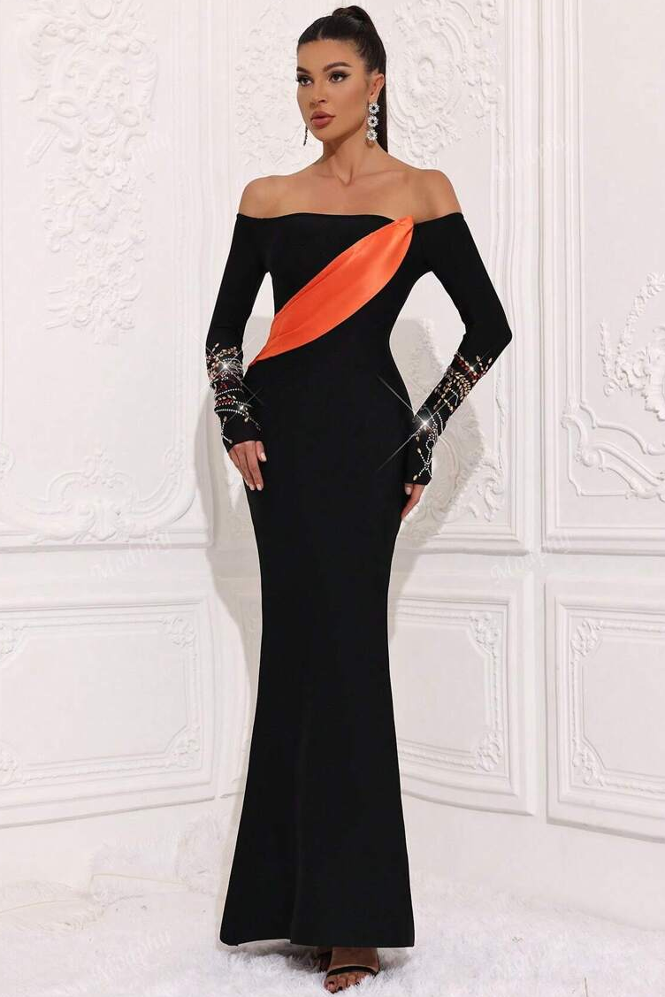 Bandage Off-Shoulder Rhinestone Maxi Dress