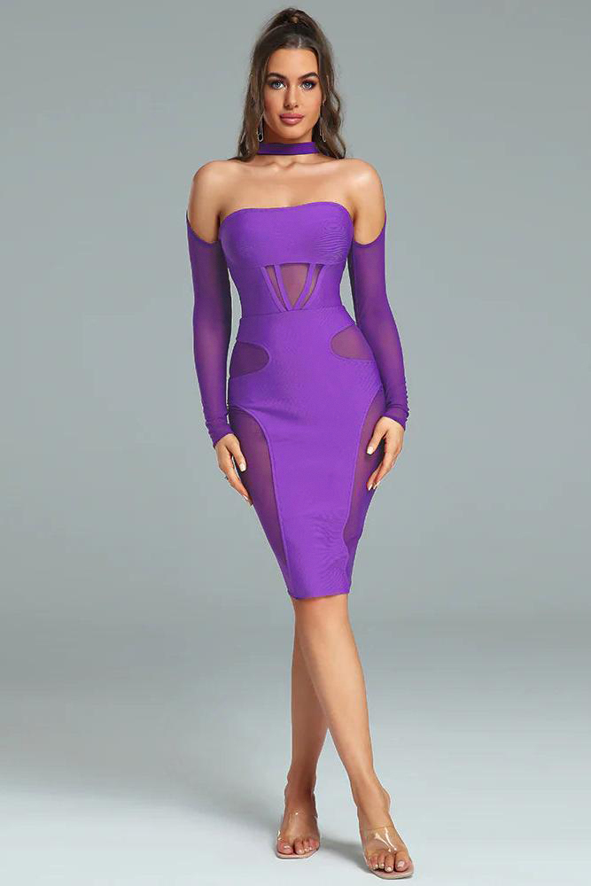 Bandage Halter Neck Mesh Midi Dress