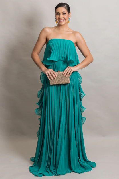 Off-Shoulder Pleated Frill Maxi Dress