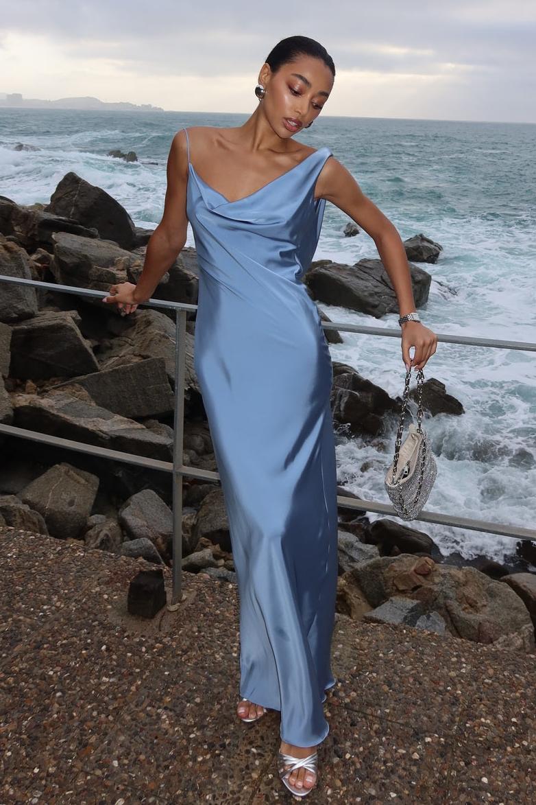 Satin Asymmetrical Neck Backless Maxi Dress