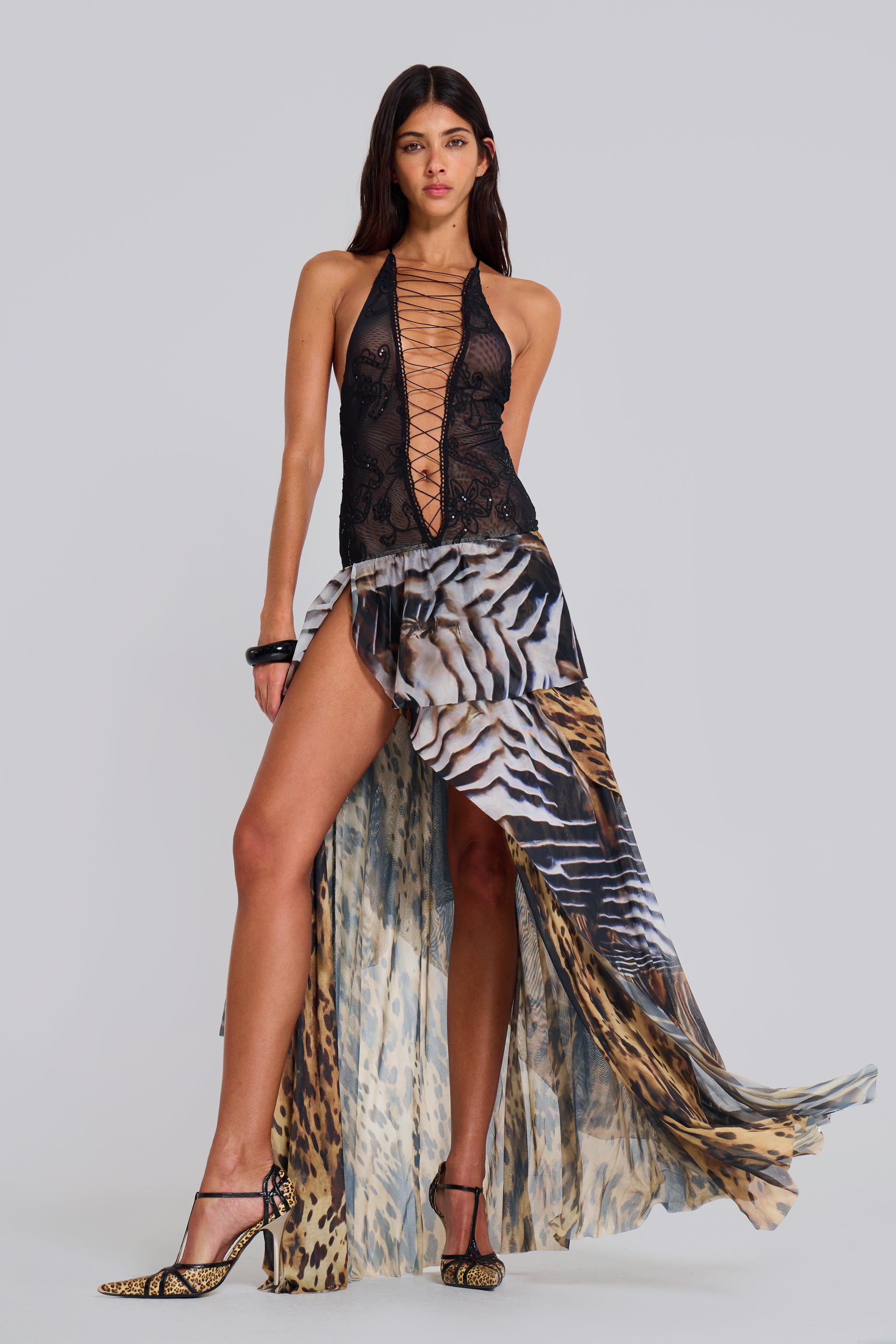 Flock Printing Splicing Abstract Print  Slit Midi Dress