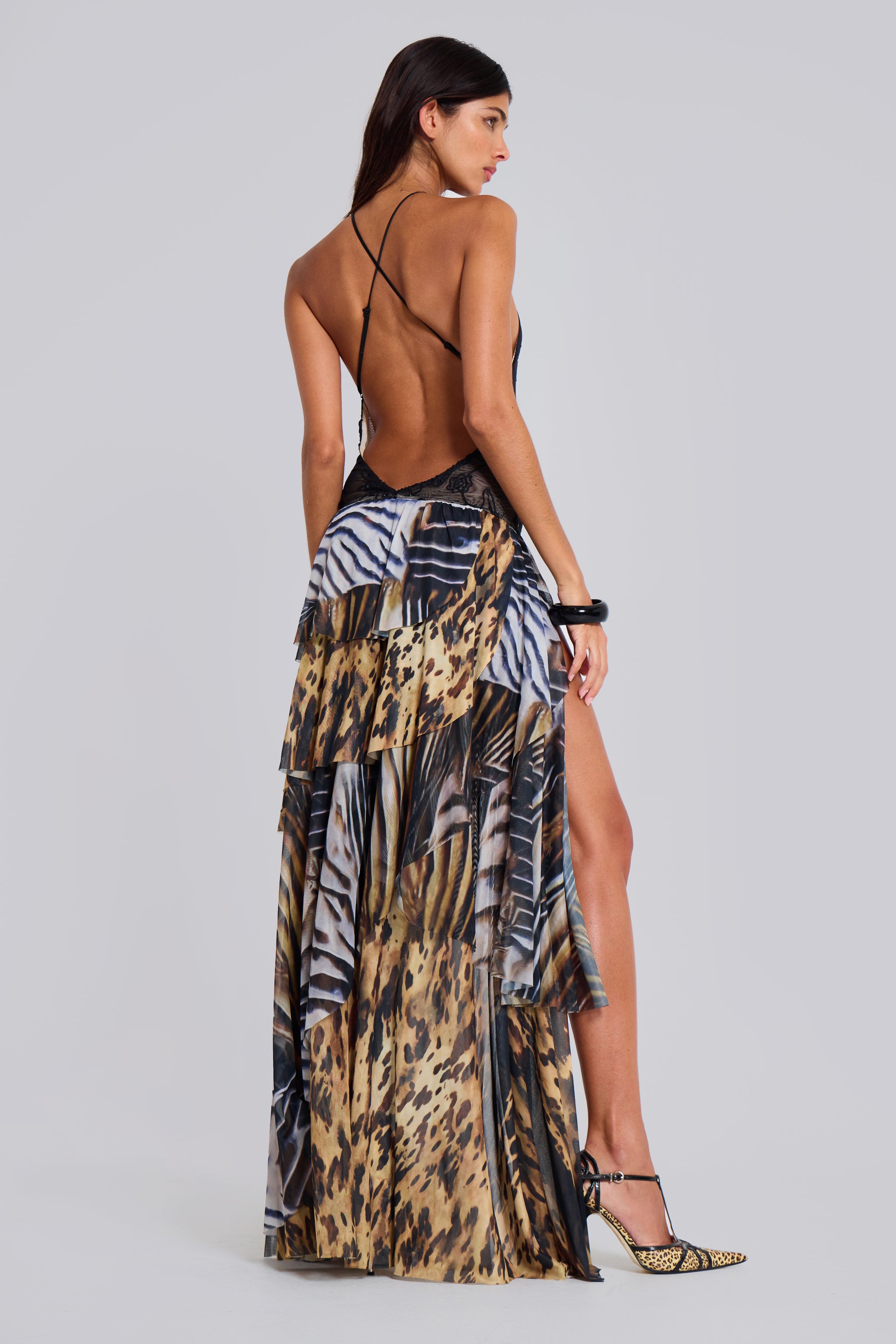 Flock Printing Splicing Abstract Print  Slit Midi Dress