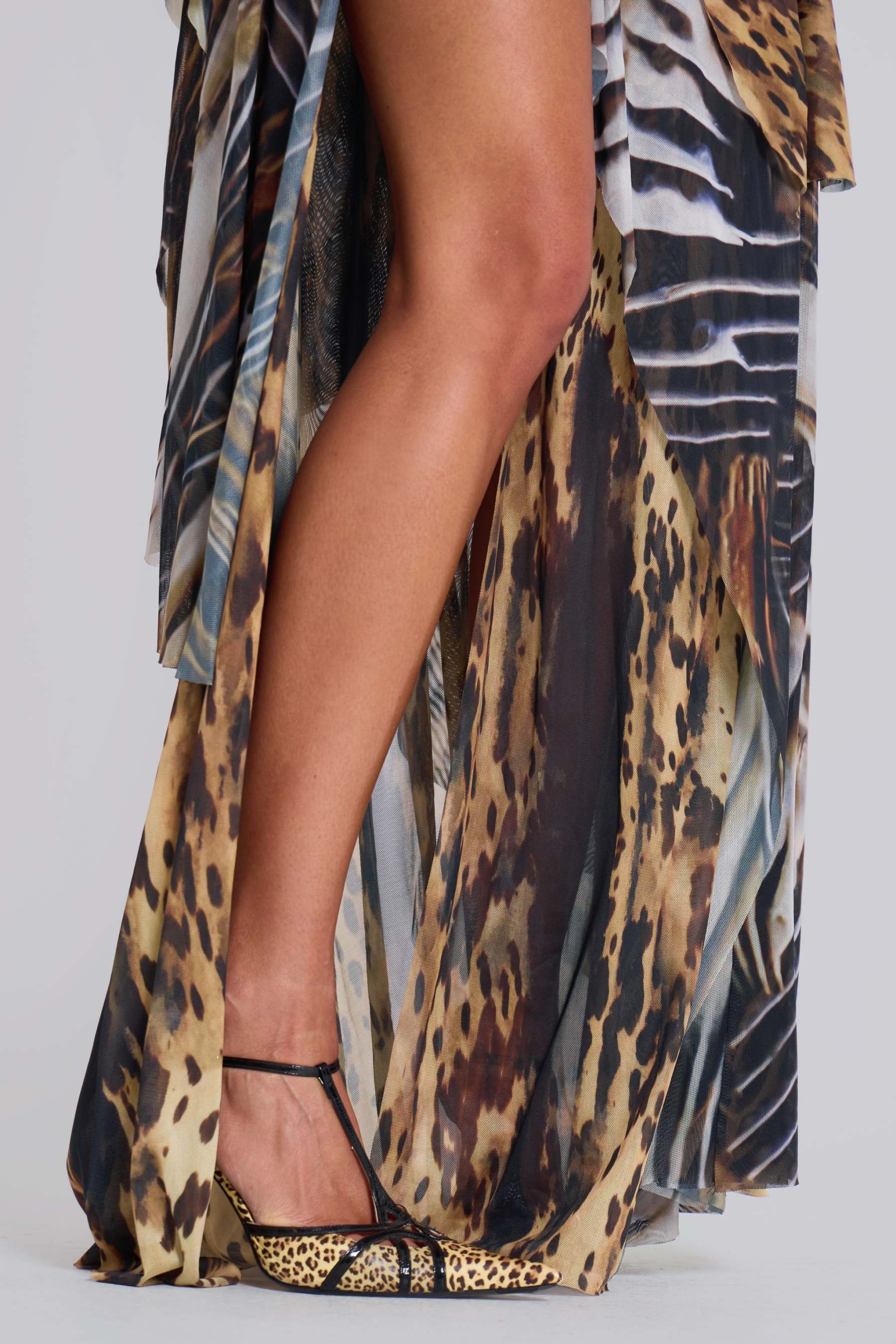 Flock Printing Splicing Abstract Print  Slit Midi Dress