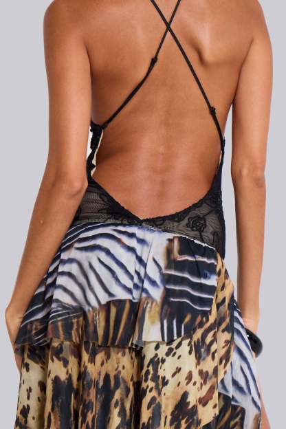 Flock Printing Splicing Abstract Print  Slit Midi Dress