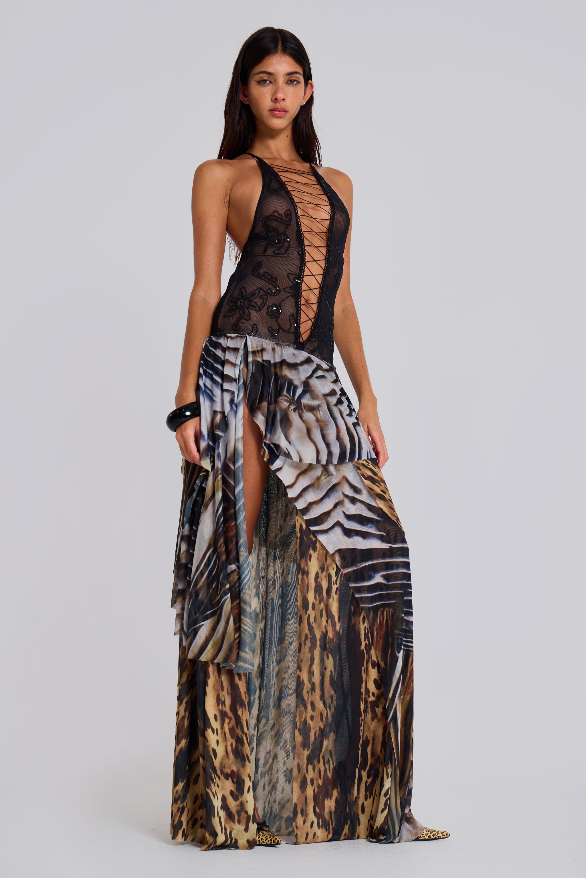 Flock Printing Splicing Abstract Print  Slit Midi Dress