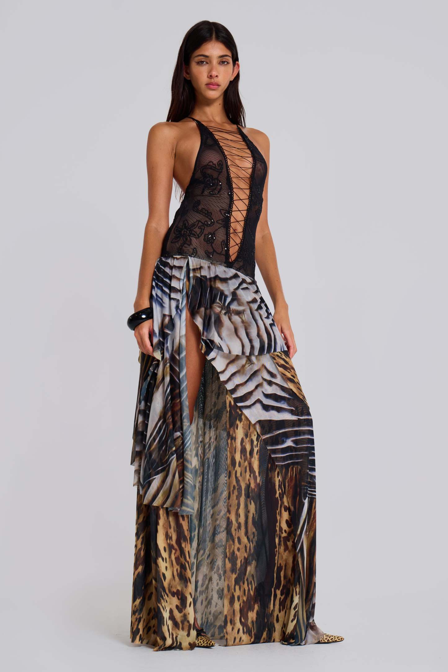 Flock Printing Splicing Abstract Print  Slit Midi Dress
