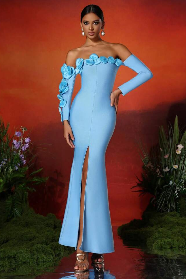 Bandage 3D Flower Long Sleeve Midi Dress