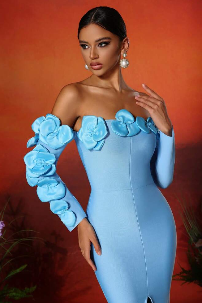 Bandage 3D Flower Long Sleeve Midi Dress