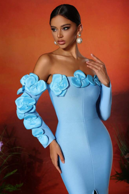 Bandage 3D Flower Long Sleeve Midi Dress