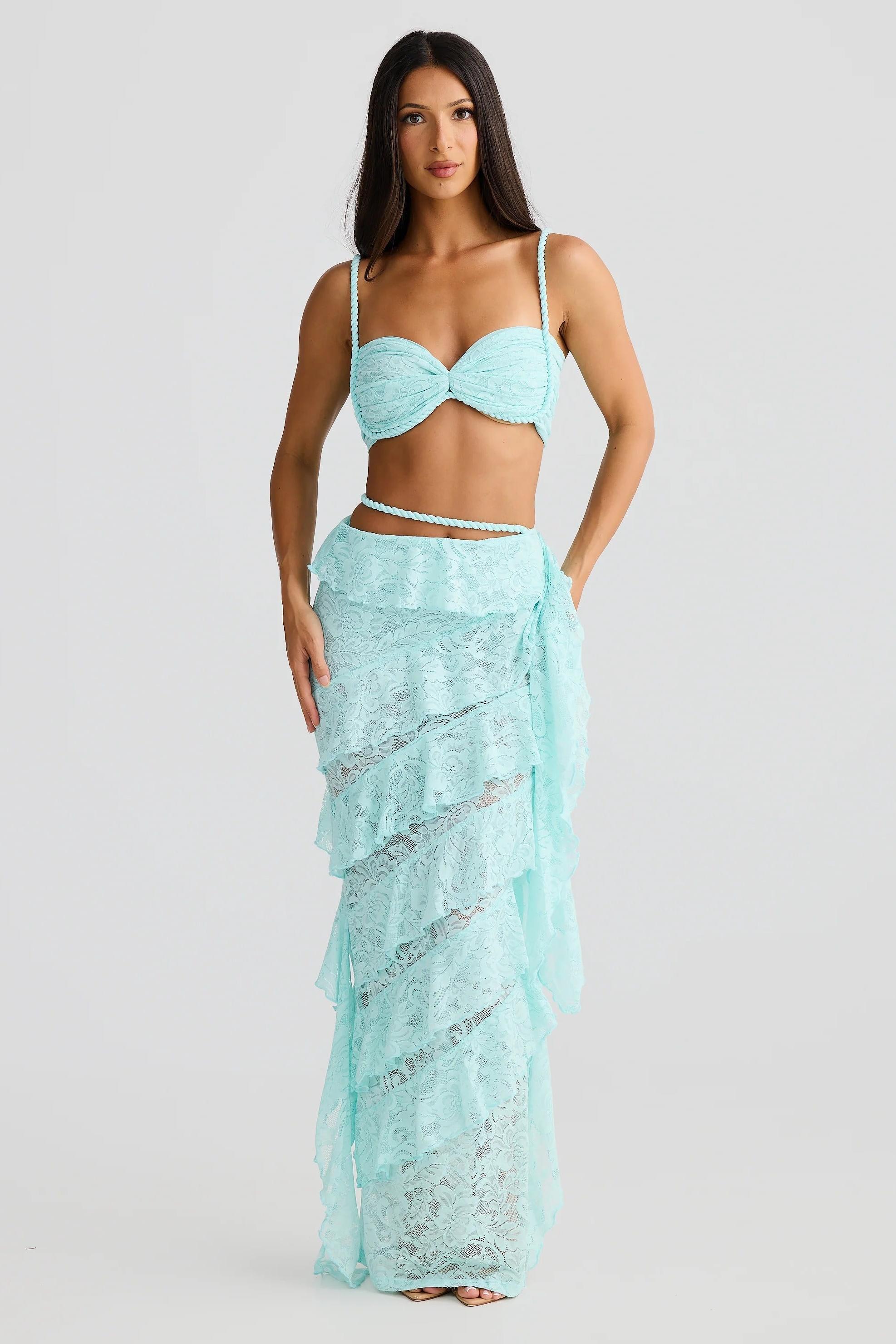 Lace Gathering Sleeveless Top & Ruffle Low Waist Maxi Skirt Set