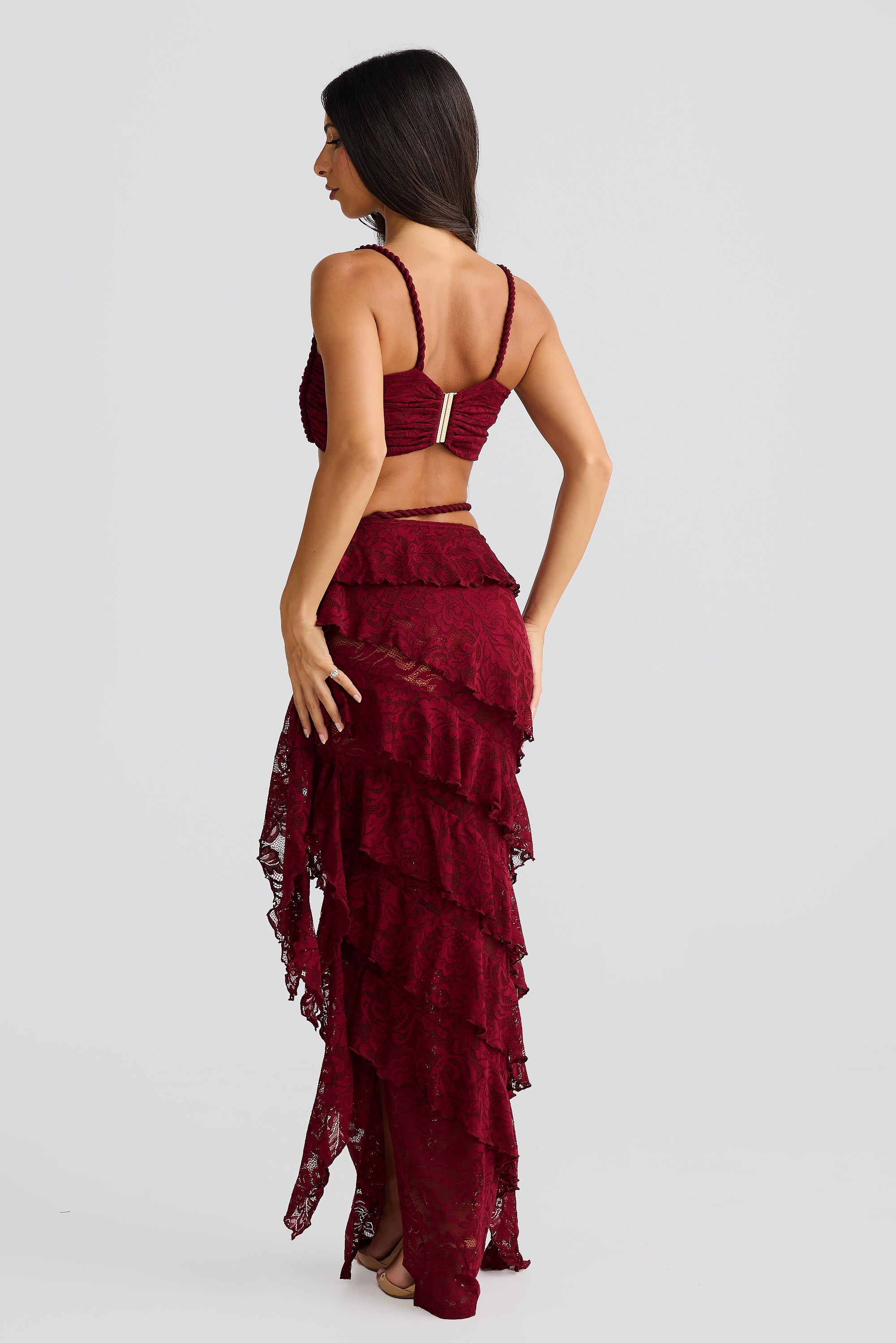 Lace Gathering Sleeveless Top & Ruffle Low Waist Maxi Skirt Set