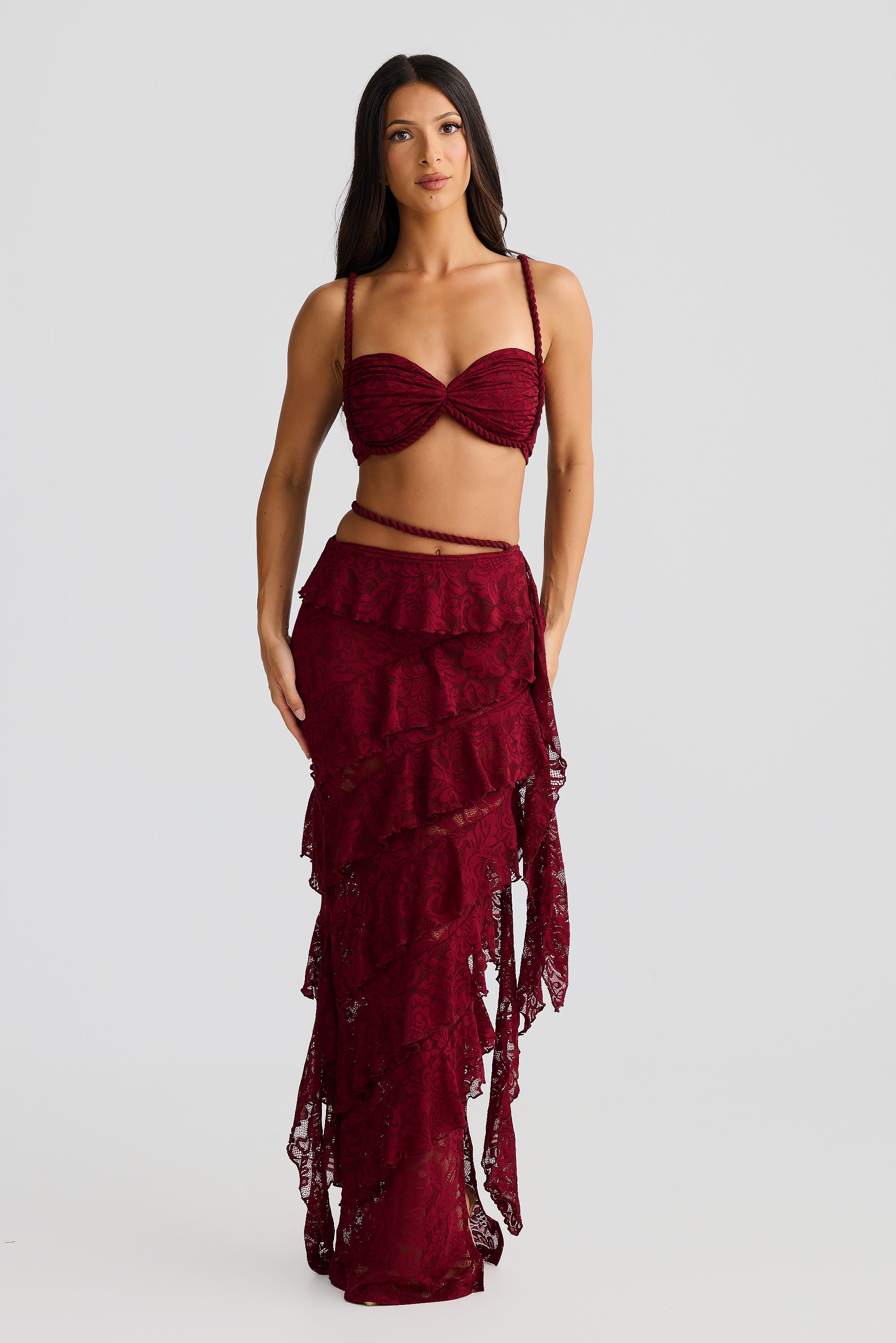 Lace Gathering Sleeveless Top & Ruffle Low Waist Maxi Skirt Set