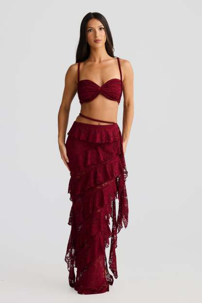 Lace Gathering Sleeveless Top & Ruffle Low Waist Maxi Skirt Set