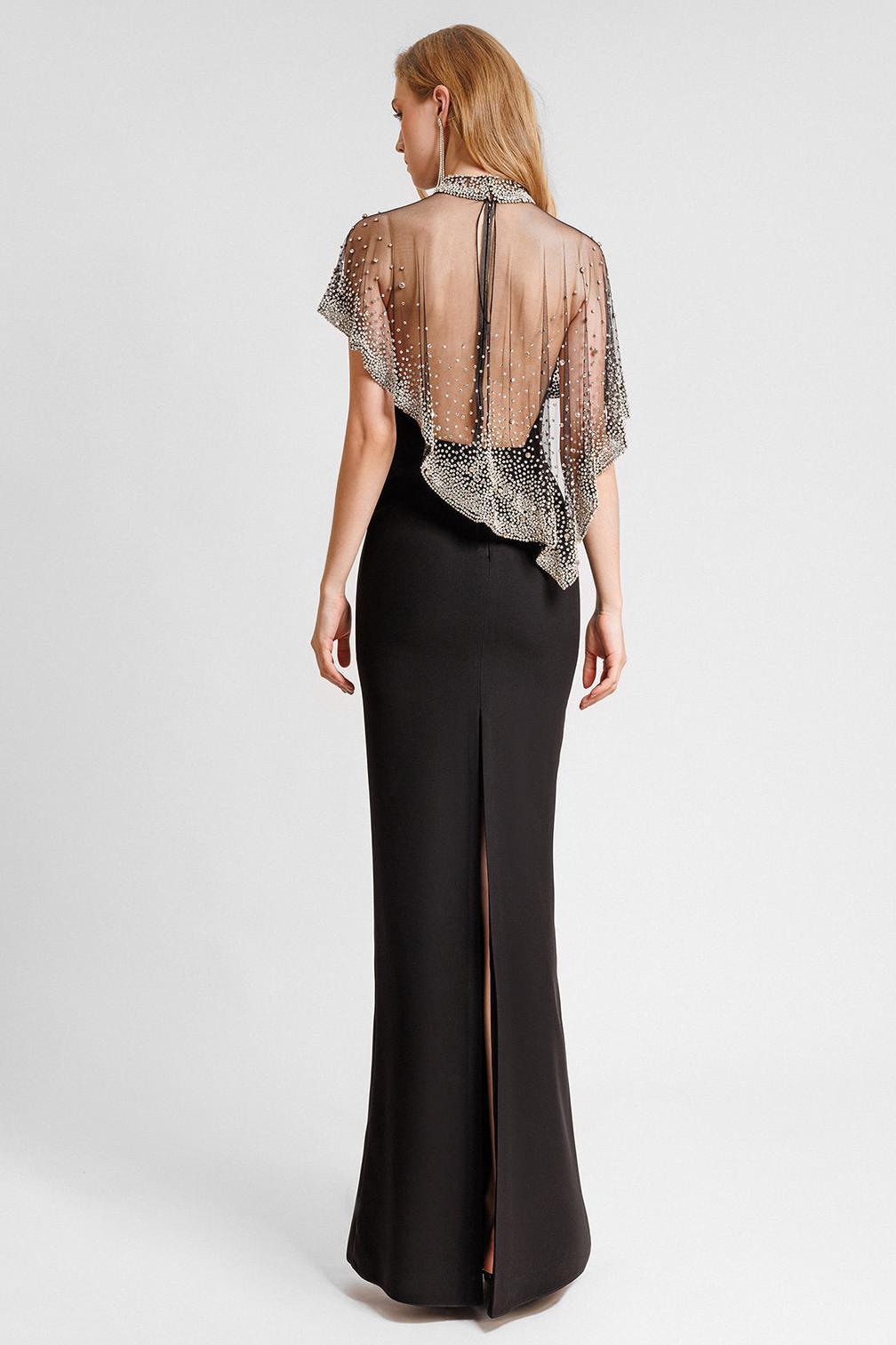 Off-Shoulder Bandage Maxi Dress With Faux Pearl Cape