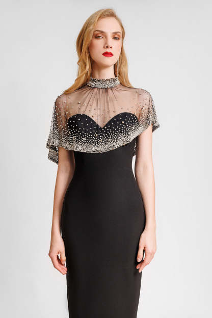 Off-Shoulder Bandage Maxi Dress With Faux Pearl Cape