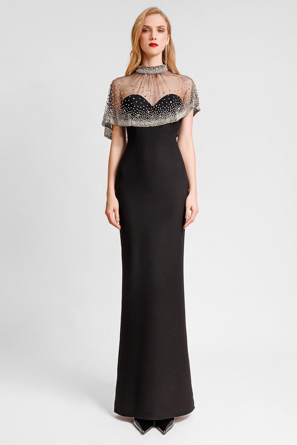 Off-Shoulder Bandage Maxi Dress With Faux Pearl Cape