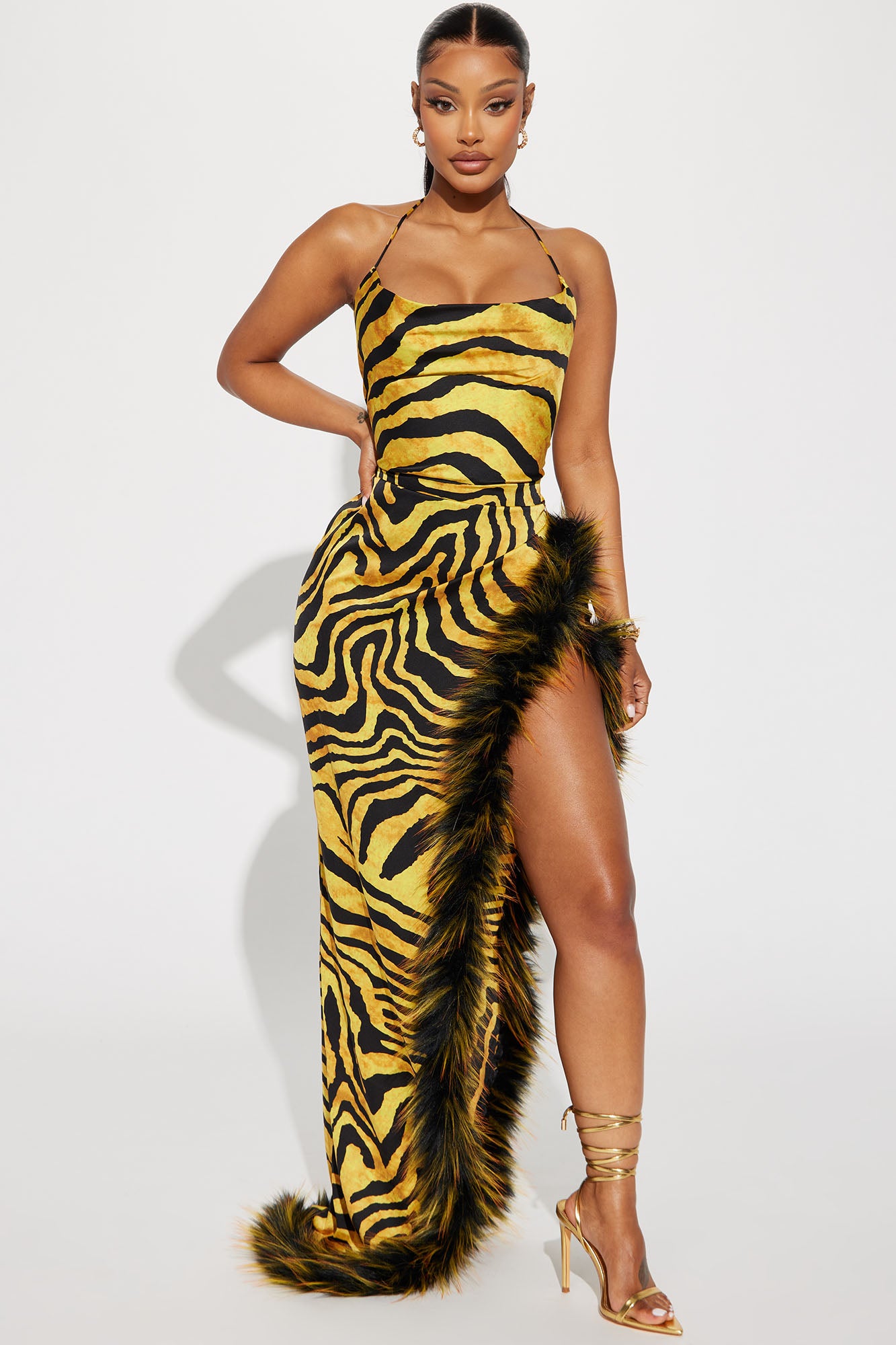 Leopard Print Feather Slit Maxi Dress
