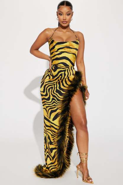 Leopard Print Feather Slit Maxi Dress
