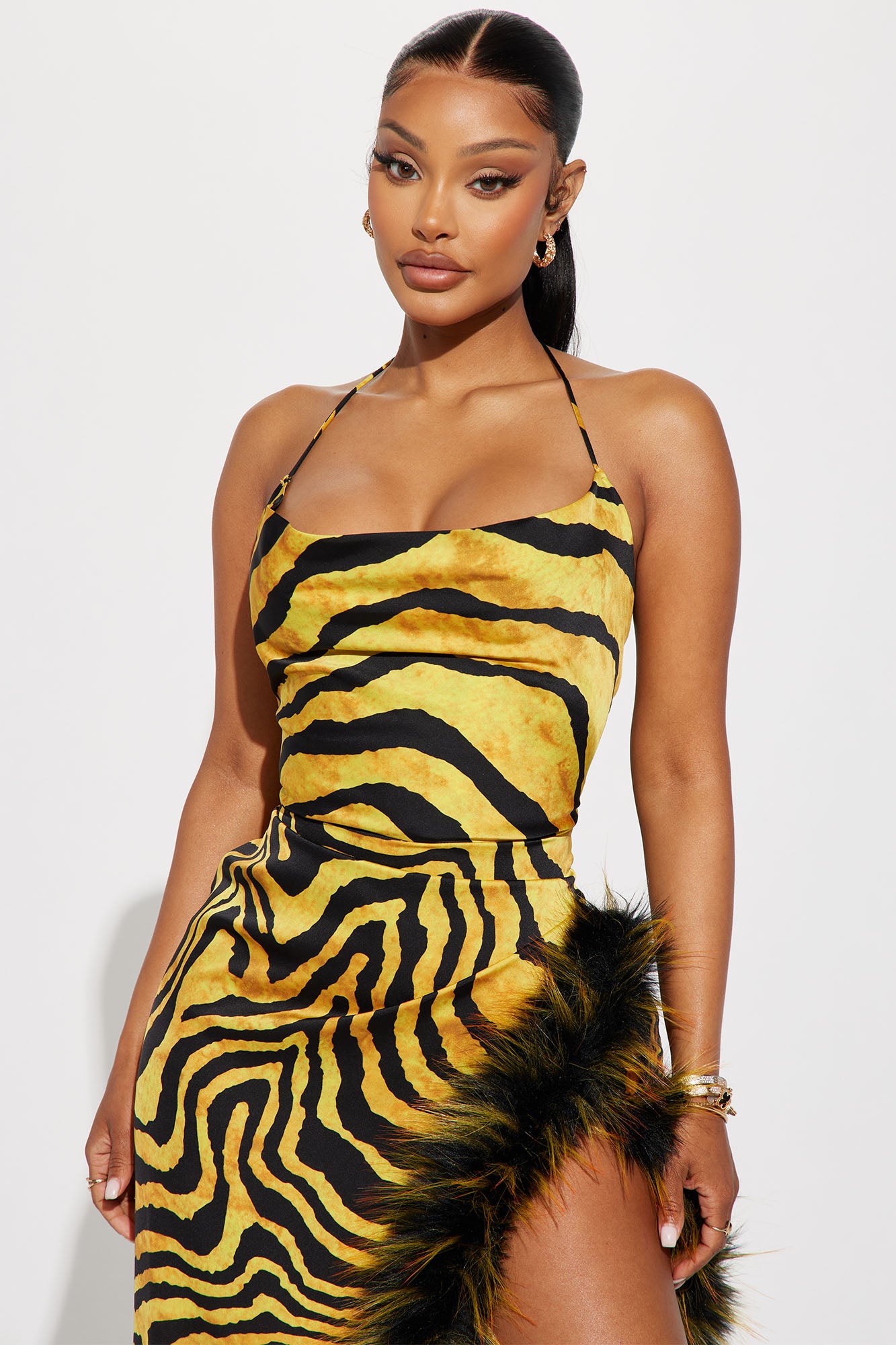 Leopard Print Feather Slit Maxi Dress