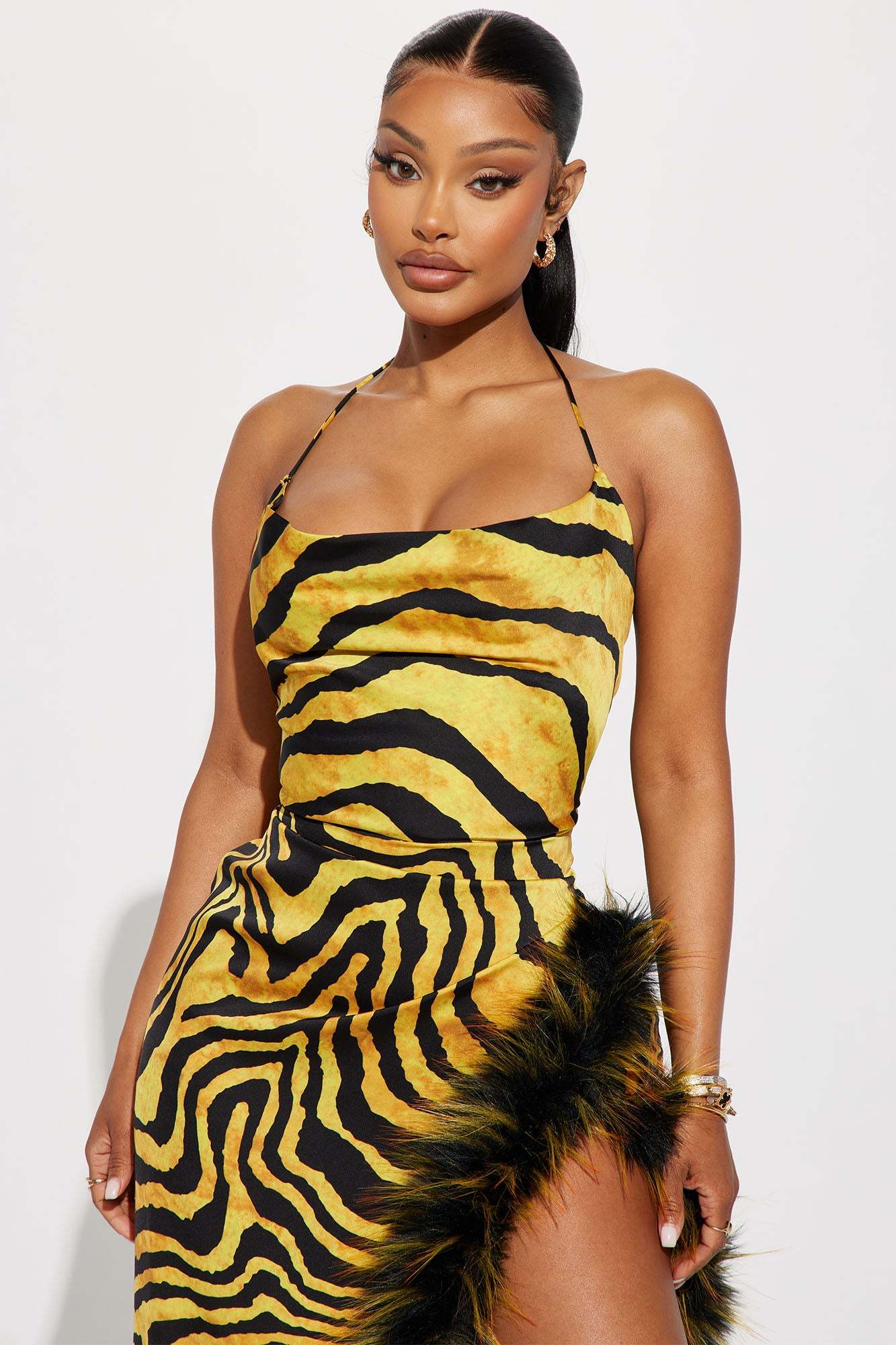 Leopard Print Feather Slit Maxi Dress