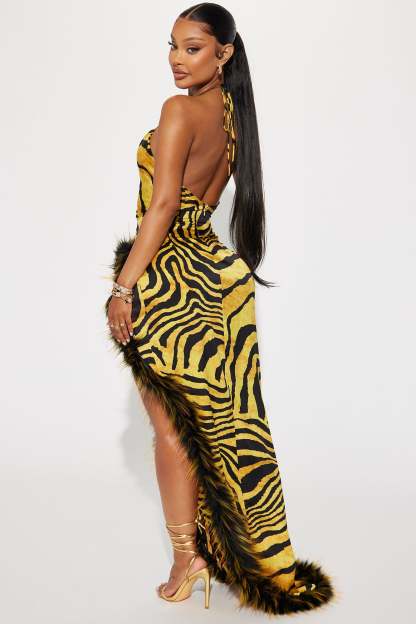 Leopard Print Feather Slit Maxi Dress