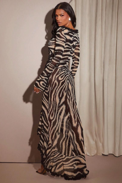 Mesh Zebra Print Slit Cut-Out Maxi Dress