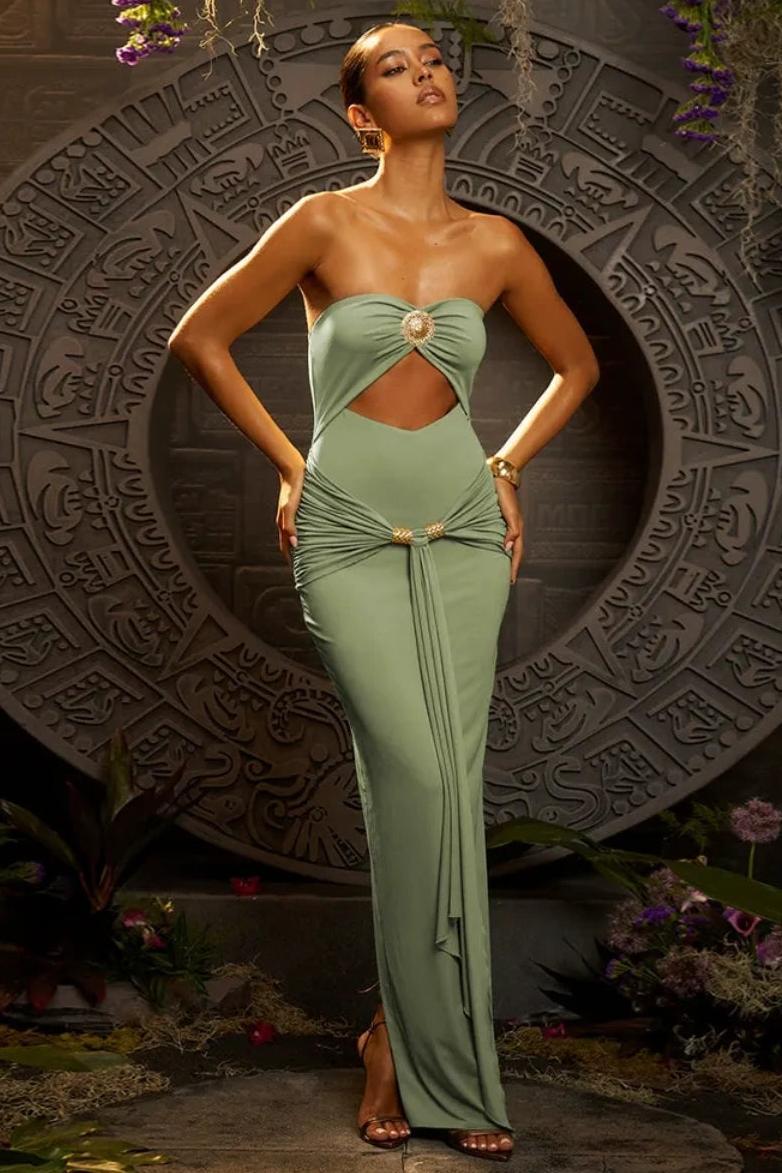 Solid Cut-Out Metal Button Off-Shoulder Maxi Dress